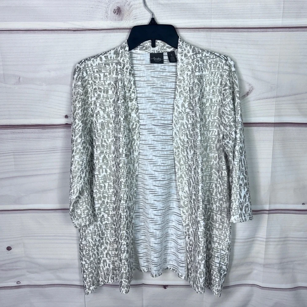 Chicos Travelers Jacket Womens 1 M Gold Leopard Print 3/4 Sleeve Open Front Knit